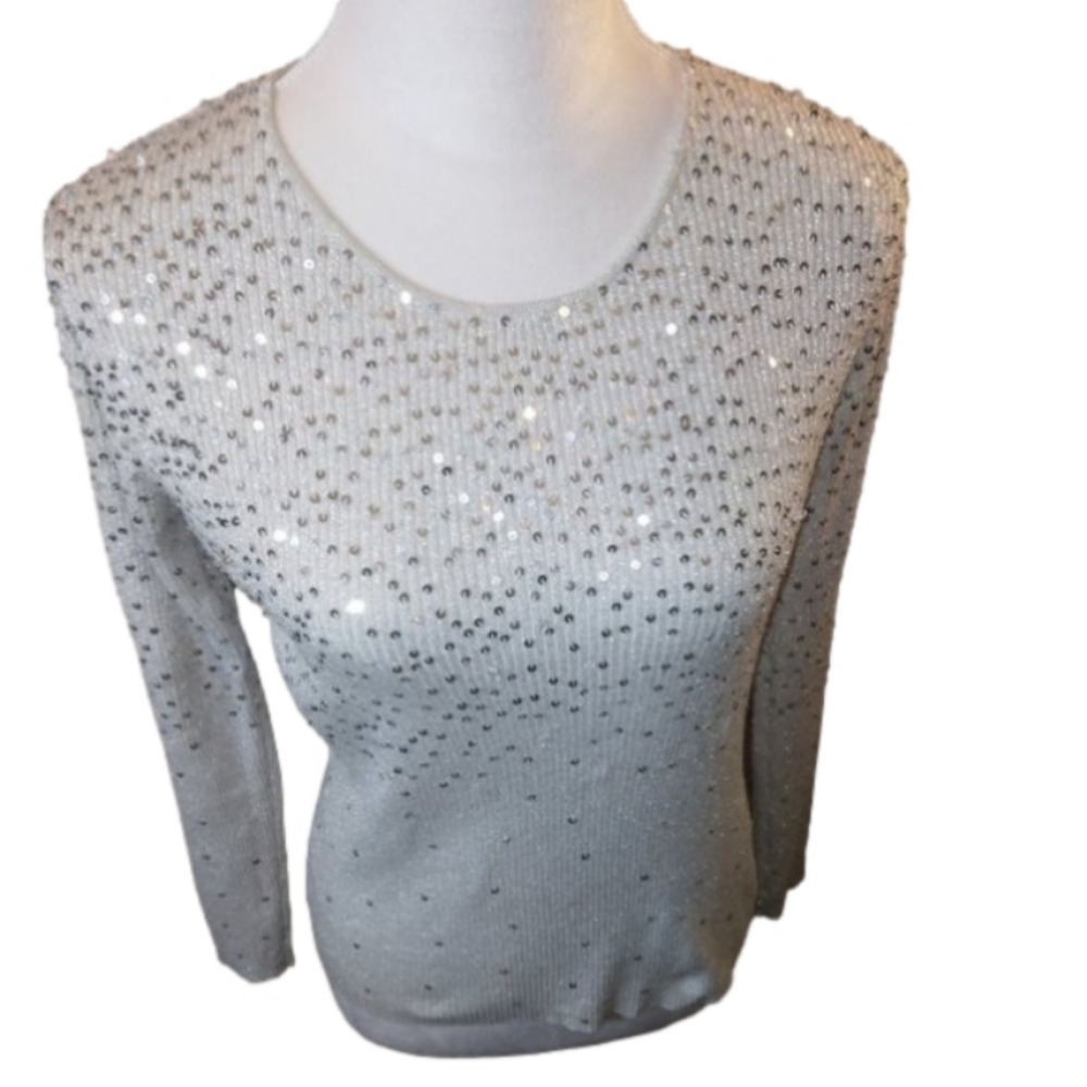 Once1again Sparkle Sequin Accent Silver Crew Neck Size Large